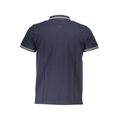 Back view of Cavalli Class Blue Cotton Men Polo Shirt with white contrast details.
