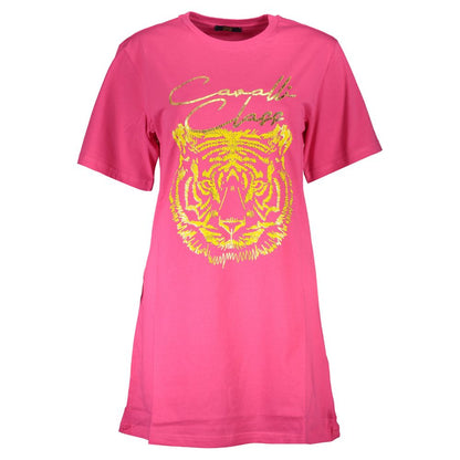Cavalli Class Pink Cotton Women T-Shirt with eye-catching tiger print and logo, exuding luxury and comfort.