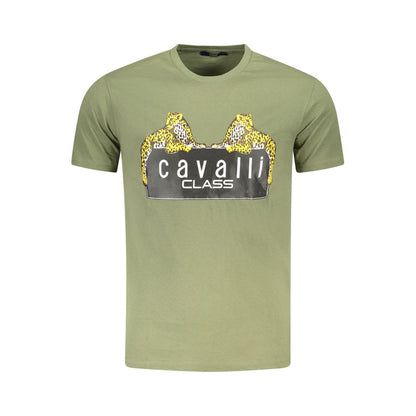 Cavalli Class Green Cotton Men T-Shirt with unique leopard print and logo, perfect for stylish and confident dressing. Soft cotton material.