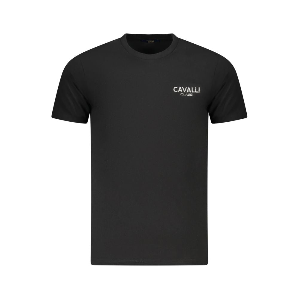 Cavalli Class Black Cotton Men T-Shirt, sleek design with an eye-catching print and logo, crafted for comfort and style.