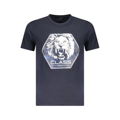 Cavalli Class Blue Cotton Men T-Shirt with bold lion print and logo, showcasing Italian style and comfort, perfect for casual wear.