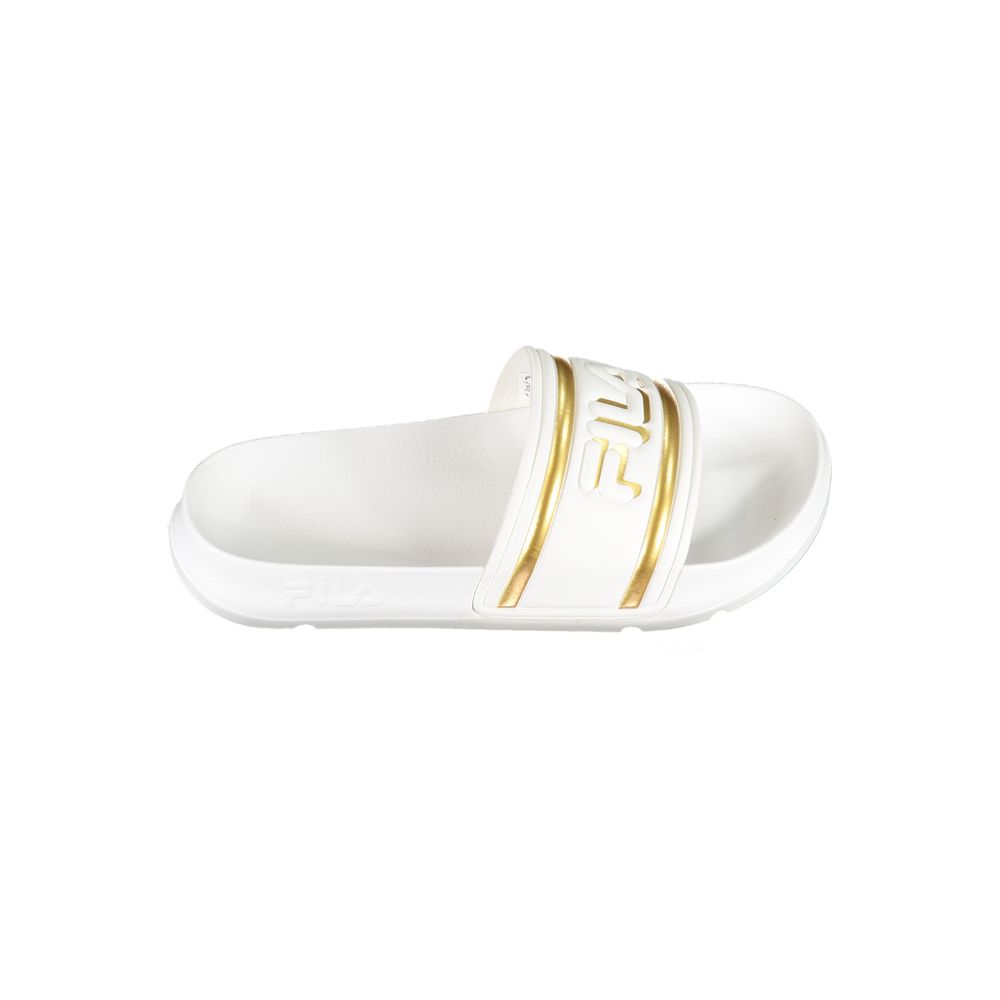 Fila White Polyethylene Women Sandal with gold accents and iconic Fila logo, offering sporty sophistication and durable comfort for casual wear.