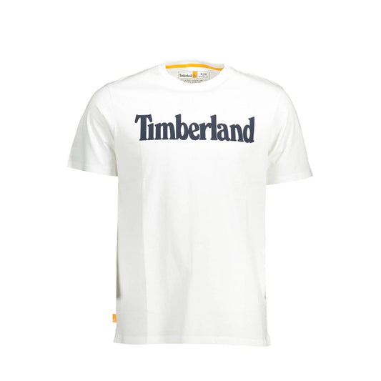 Timberland White Cotton Men T-Shirt with logo on front, short sleeves, and organic cotton material, showcasing sustainable fashion.