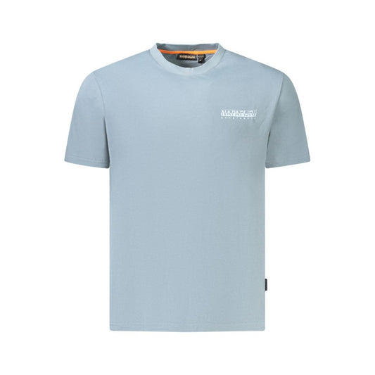 Light blue Napapijri men’s T-shirt showcasing brand logo, crafted from organic cotton, highlighting sustainable fashion appeal.