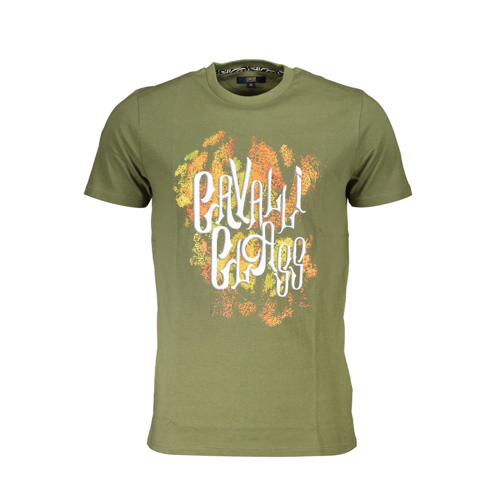 Cavalli Class Green Cotton Men T-Shirt with bold print and logo, short sleeve crew neck fashion wear.