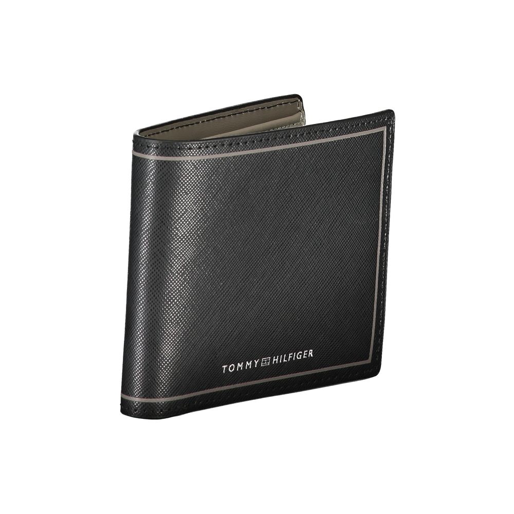 Tommy Hilfiger Black Leather Wallet with compartments, coin purse, card spaces, contrast details, and logo displayed on the wallet.