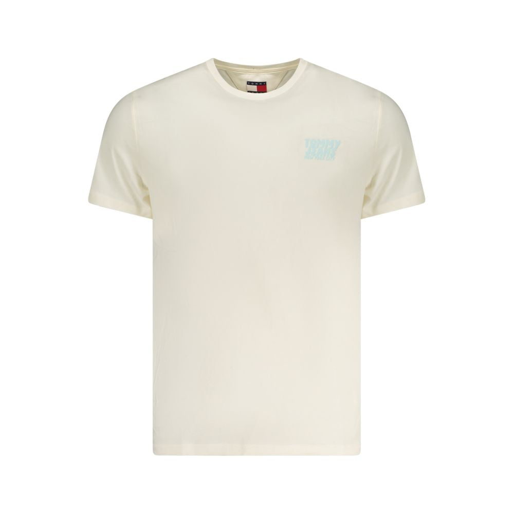 Tommy Hilfiger Beige Cotton Men T-Shirt with crew neck and short sleeves, featuring iconic logo, crafted from regenerative cotton.