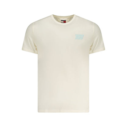 Tommy Hilfiger Beige Cotton Men T-Shirt with crew neck and short sleeves, featuring iconic logo, crafted from regenerative cotton.
