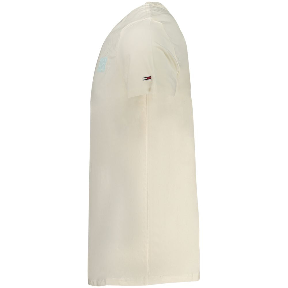 Side view of Tommy Hilfiger Beige Cotton Men T-Shirt with short sleeves and crew neck, showcasing iconic logo on the sleeve.