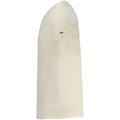 Side view of Tommy Hilfiger Beige Cotton Men T-Shirt with short sleeves and crew neck, showcasing iconic logo on the sleeve.