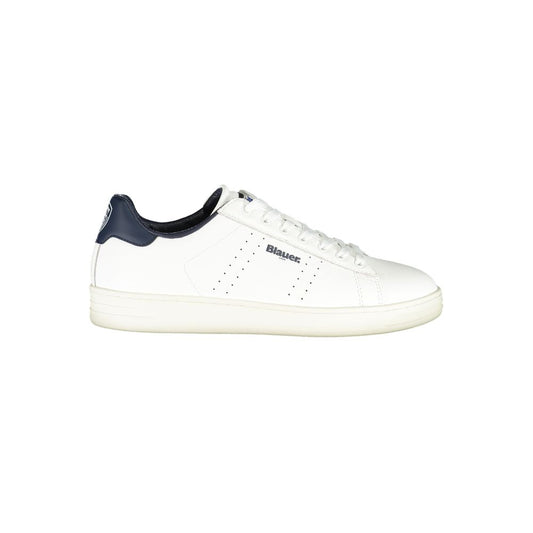 Blauer White Leather Men Sneaker with blue accents and iconic Blauer print, showcasing sleek design for the style-conscious athlete.