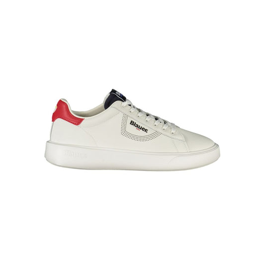 Blauer White Leather Men Sneaker with contrasting details and Blauer logo for urban fashion and comfort.