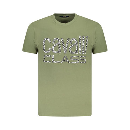 Cavalli Class Green Cotton Men T-Shirt with bold print and logo, short sleeves, crew neck, luxury fashion.