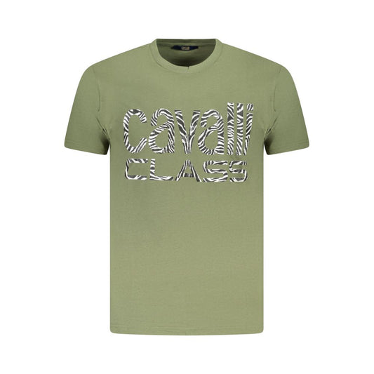 Cavalli Class Green Cotton Men T-Shirt with bold logo and print, short sleeve crew neck, fashionable and edgy
