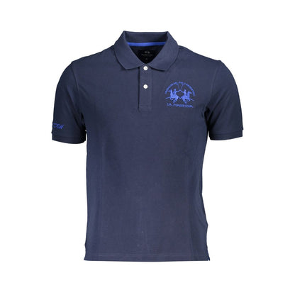 La Martina Blue Cotton Men Polo Shirt with embroidered logo and two-button design, showcasing sports elegance and luxury style.