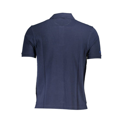 Back view of La Martina Blue Cotton Men Polo Shirt with short sleeves and embroidered logo on blue fabric.