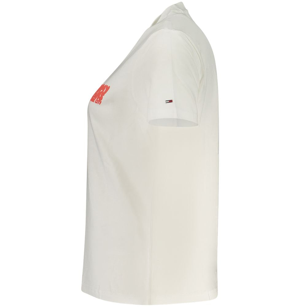 Tommy Hilfiger Beige Cotton Women T-Shirt with signature logo and short sleeves, crafted from 95% regenerative cotton for style and comfort.