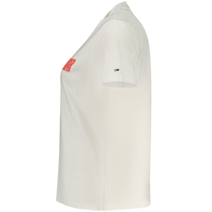 Tommy Hilfiger Beige Cotton Women T-Shirt with signature logo and short sleeves, crafted from 95% regenerative cotton for style and comfort.