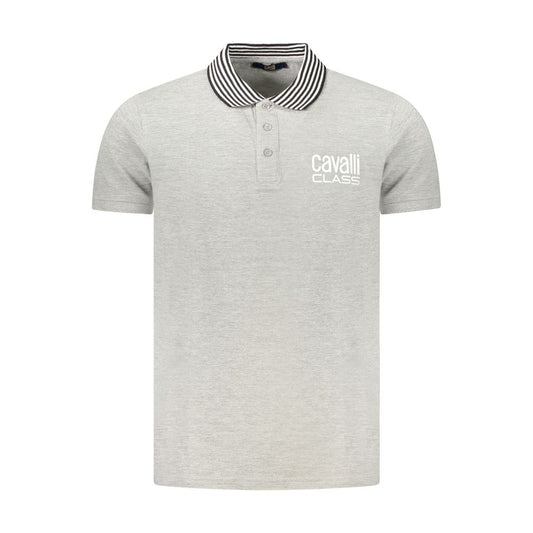 Cavalli Class Gray Cotton Polo Shirt with short sleeves, three buttons, contrasting details, print, and logo design.