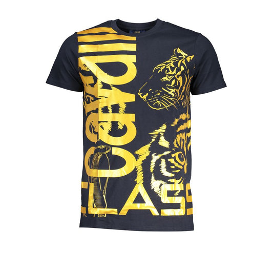 Cavalli Class Blue Cotton T-Shirt, short sleeves, crew neck, stylish tiger print, brand logo. Premium quality men's fashion.