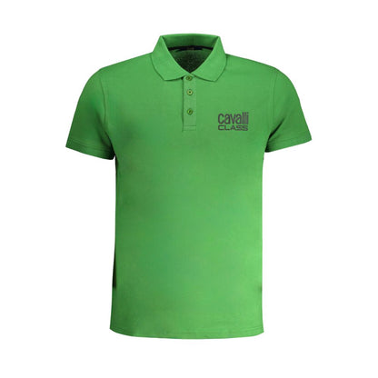 Cavalli Class Green Cotton Polo Shirt with short sleeves, button detail, printed logo