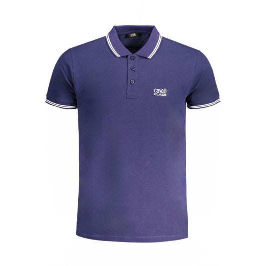Cavalli Class Blue Cotton Polo Shirt with short sleeves, 3 buttons, contrast details, embroidery, and logo.