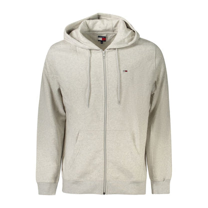 Tommy Hilfiger Gray Cotton Men Sweater with hood and zip closure, featuring iconic embroidery logo and front pockets. High-quality design.