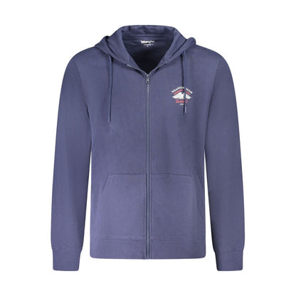 Wrangler Blue Cotton Men Sweater with graphic print and logo, zip-up hoodie with dual pockets for style and comfort.
