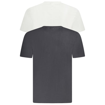 Two-pack Fila White Cotton Men T-Shirt with black and white options, iconic style, organic cotton, and bold print logo. Perfect casual wear.