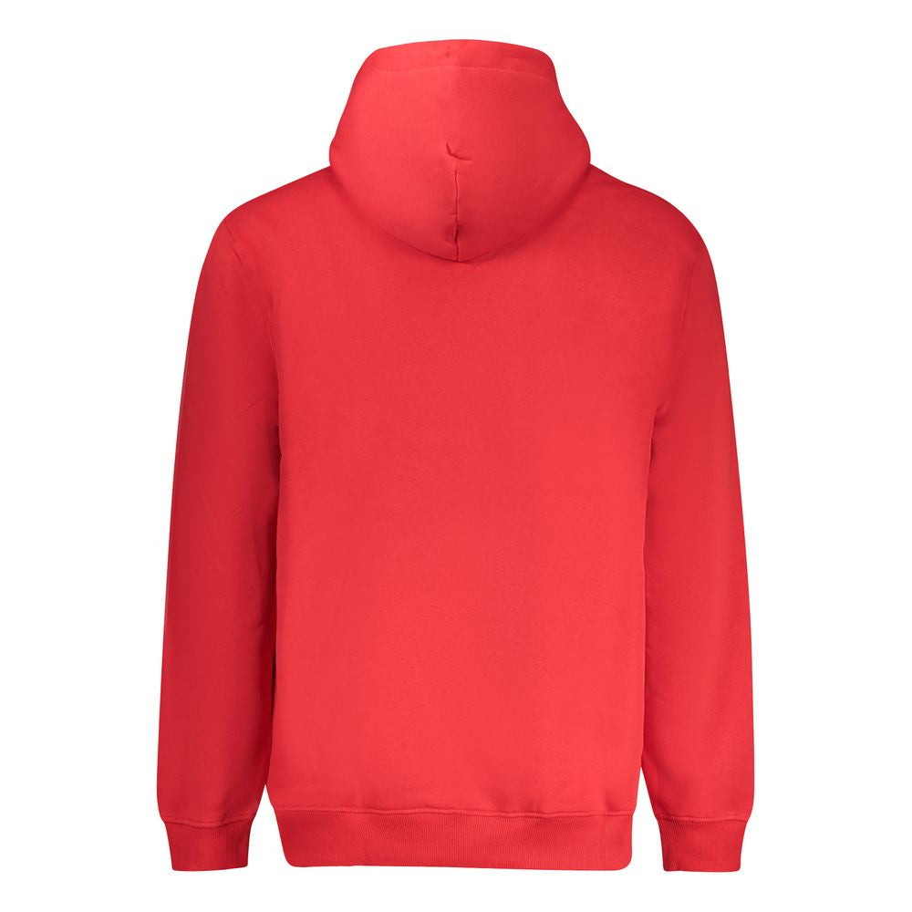 Back view of Tommy Hilfiger Red Cotton Men Sweater featuring a cozy hood, ideal for casual wear.
