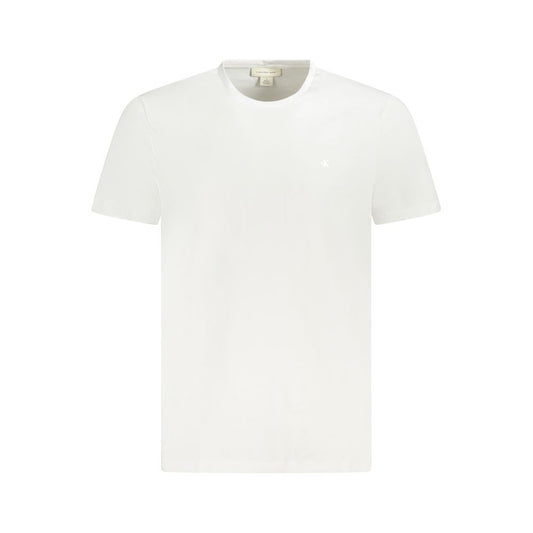Calvin Klein White Cotton T-Shirt with short sleeves and crew neck, featuring embroidery and logo design.