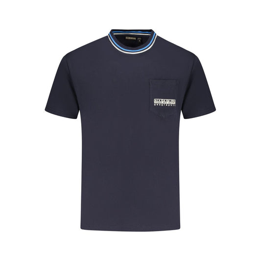 Napapijri Blue Cotton T-Shirt, relaxed fit, short sleeve, crew neck with pocket, contrasting details, and logo embroidery
