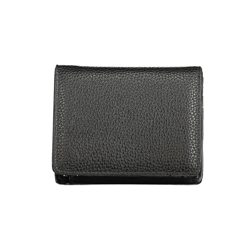 Mario Valentino Black Polyethylene Wallet with coin purse, card spaces, automatic closure, and logo design, made from recycled materials.