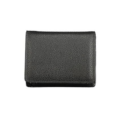 Mario Valentino Black Polyethylene Wallet with coin purse, card spaces, automatic closure, and logo design, made from recycled materials.