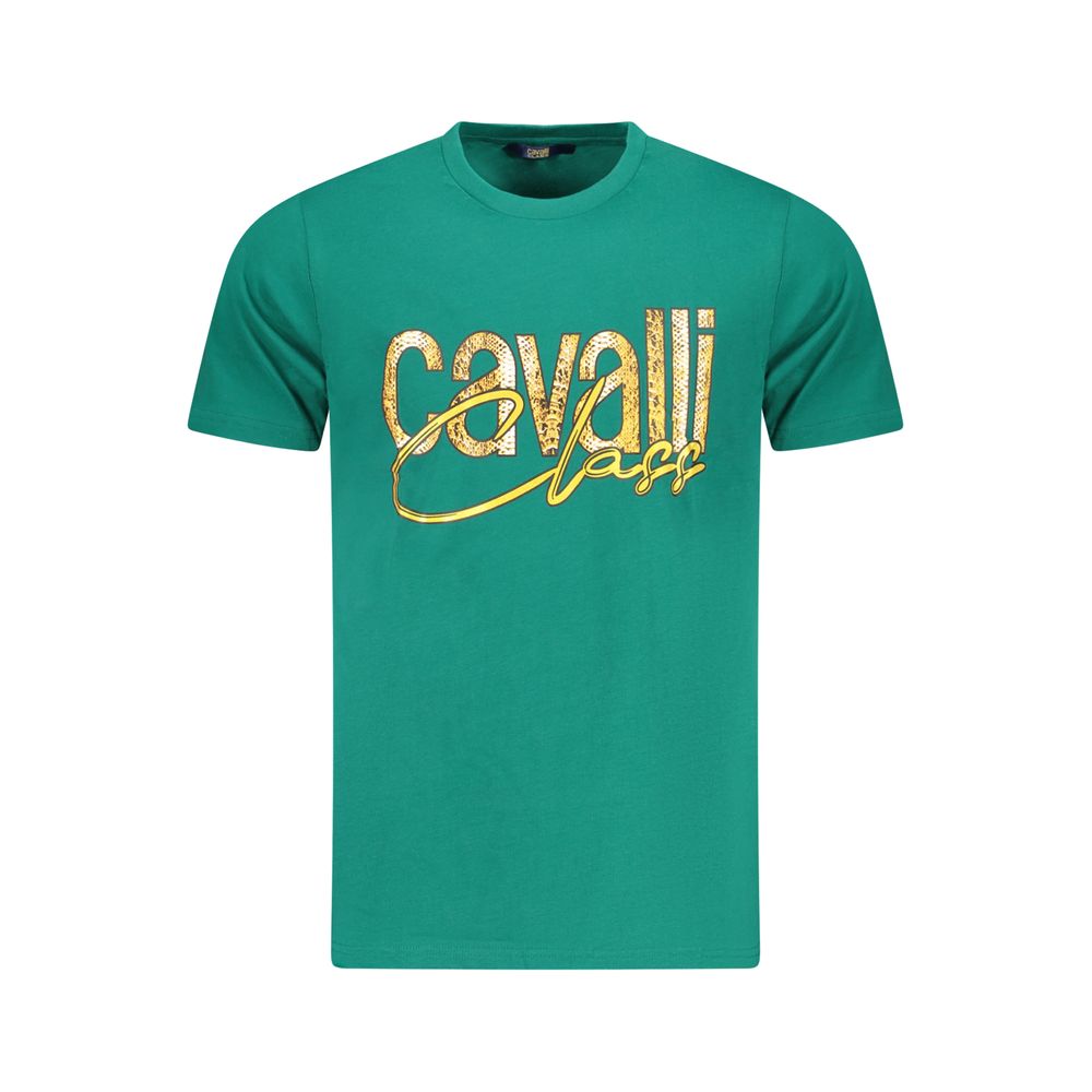 Cavalli Class Green Cotton Men T-Shirt with bold logo and vibrant design, perfect for a stylish and trendy look.