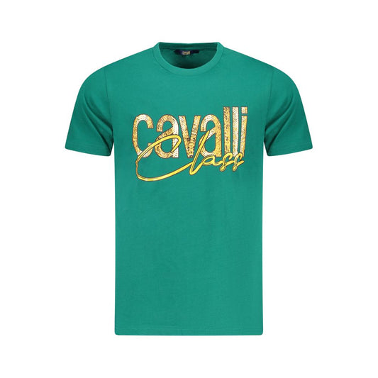 Cavalli Class Green Cotton Men T-Shirt with bold logo and crew neck, showcasing vibrant print for fashion-forward style.