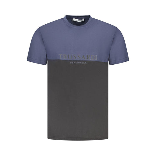 Trussardi Blue Cotton Men T-Shirt with short sleeves and crew neck, featuring two-tone design with contrasting details and bold logo print.