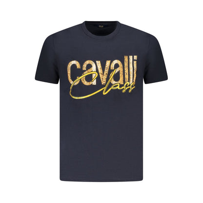 Cavalli Class Blue Cotton Men T-Shirt with distinctive print and logo, luxurious short sleeve crewneck showcasing style and comfort.