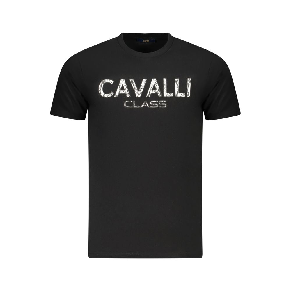 Cavalli Class Black Cotton Men T-Shirt featuring bold printed logo, ideal for fashion-forward style, crafted from high-quality cotton.