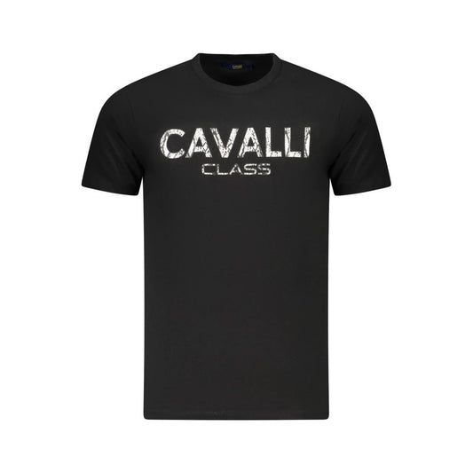 Cavalli Class Black Cotton Men T-Shirt featuring bold printed logo, ideal for fashion-forward style, crafted from high-quality cotton.