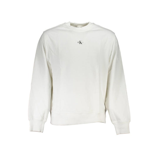 Calvin Klein White Cotton Men Sweater with long sleeves and signature logo on soft, crew neck fabric.