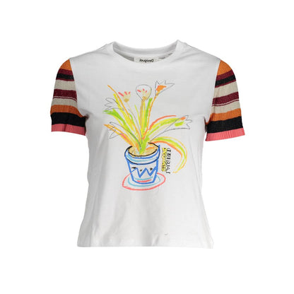 Desigual White Cotton Women T-Shirt with vibrant print and contrasting details, showcasing bold design and Desigual logo.