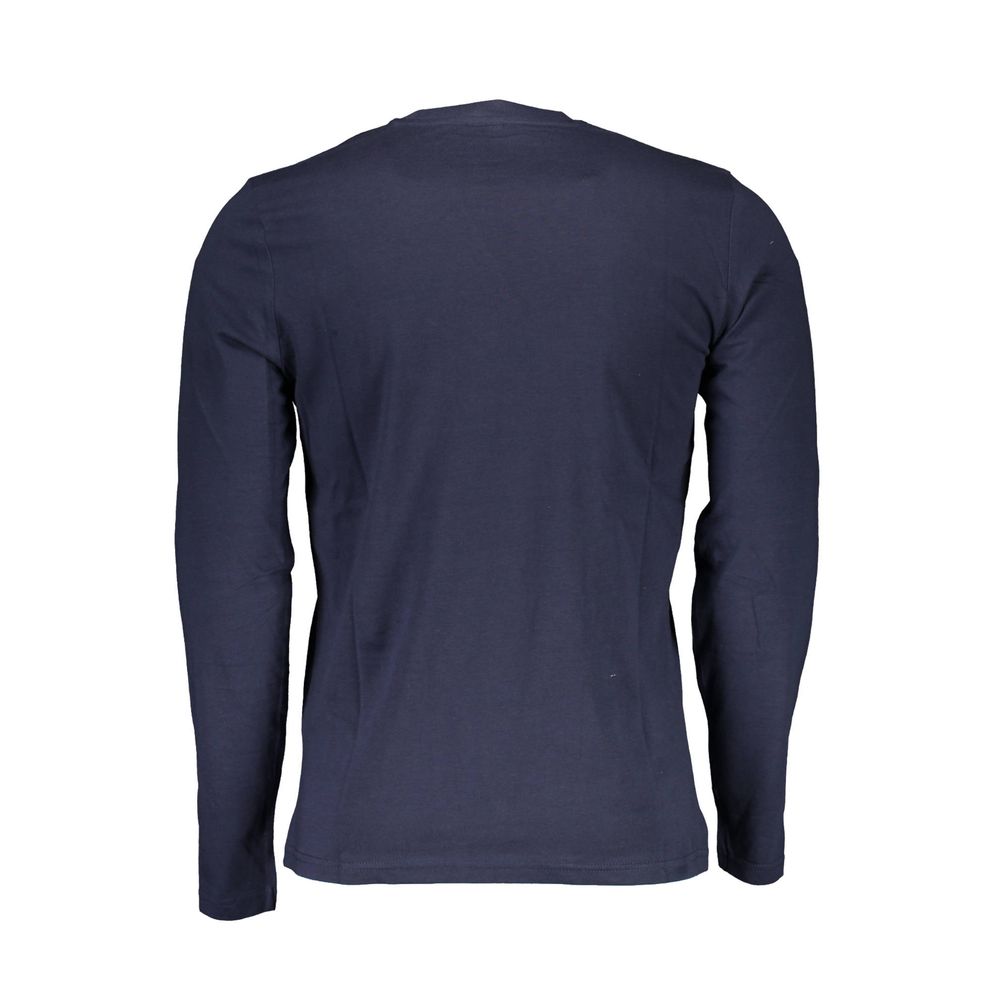 Back view of North Sails Blue Cotton Men T-Shirt, featuring long sleeves and elegant design in vibrant blue color.
