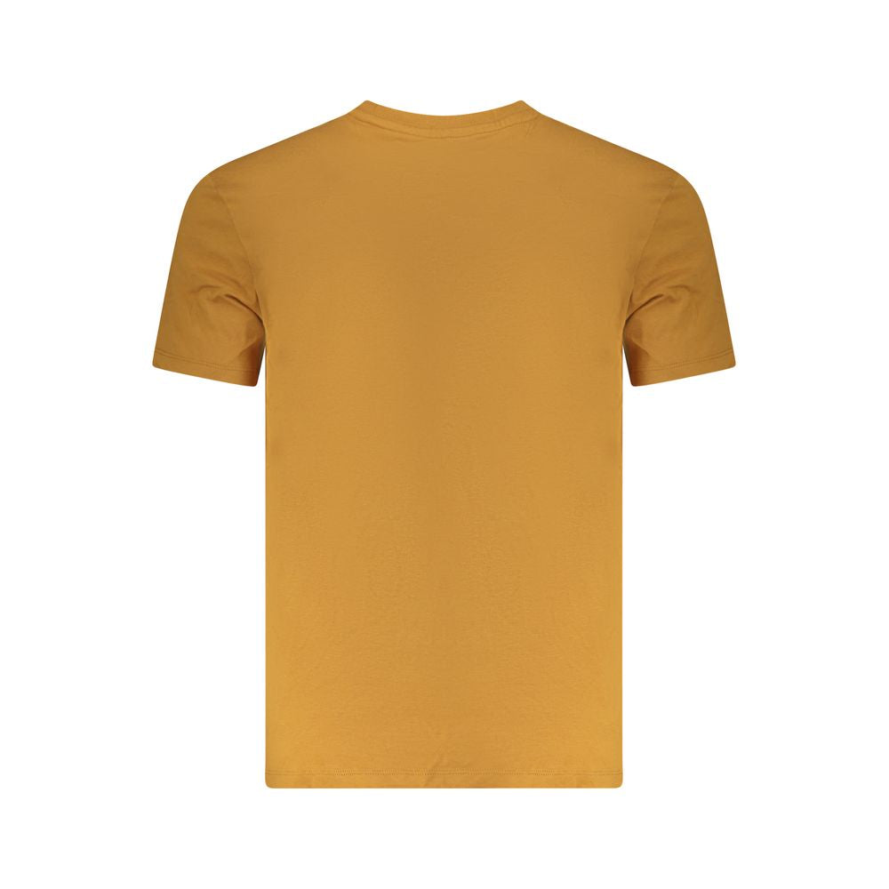 Rear view of Timberland Brown Cotton Men T-Shirt showcasing short-sleeve design and slim-fit crew neck. Ideal for casual luxury.