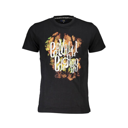 Cavalli Class Black Cotton Men T-Shirt with bold print and logo, luxury casual wear for style-savvy individuals.