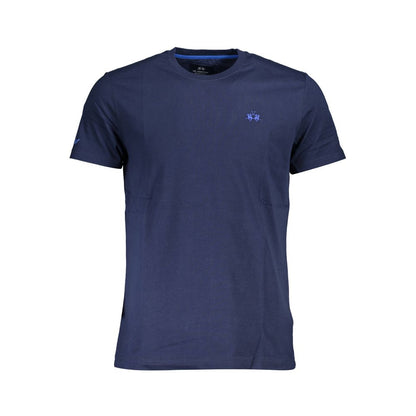 La Martina Blue Cotton Men TShirt with short sleeves, featuring intricate embroidery and classic design, signifying quality and luxury.