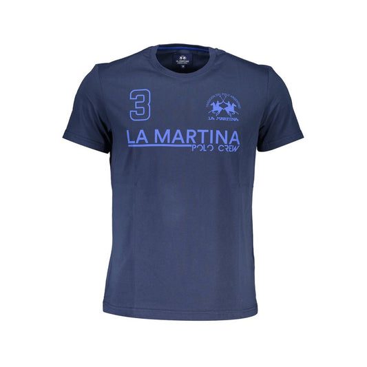 La Martina Blue Cotton Men T-Shirt with logo and print on navy background.