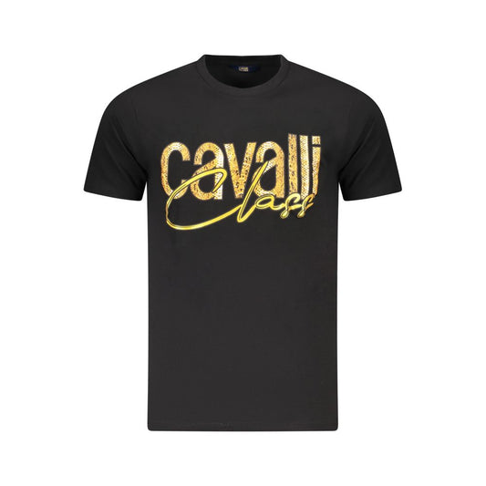 Cavalli Class Black Cotton Men T-Shirt with bold print and classic crew neck design, showcasing logo, made in BD, stylish and sophisticated.