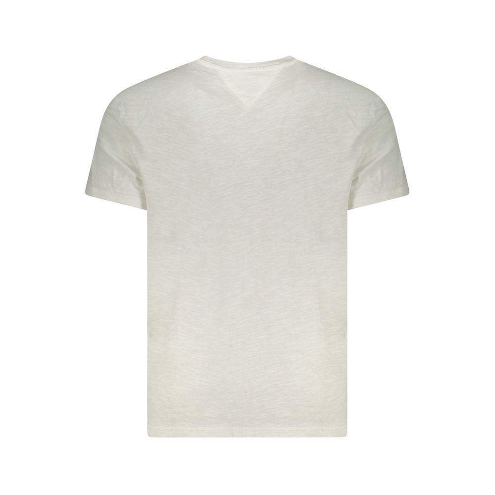 Back view of Tommy Hilfiger White Cotton Men T-Shirt crafted from 95% regenerative cotton, showcasing iconic American style.