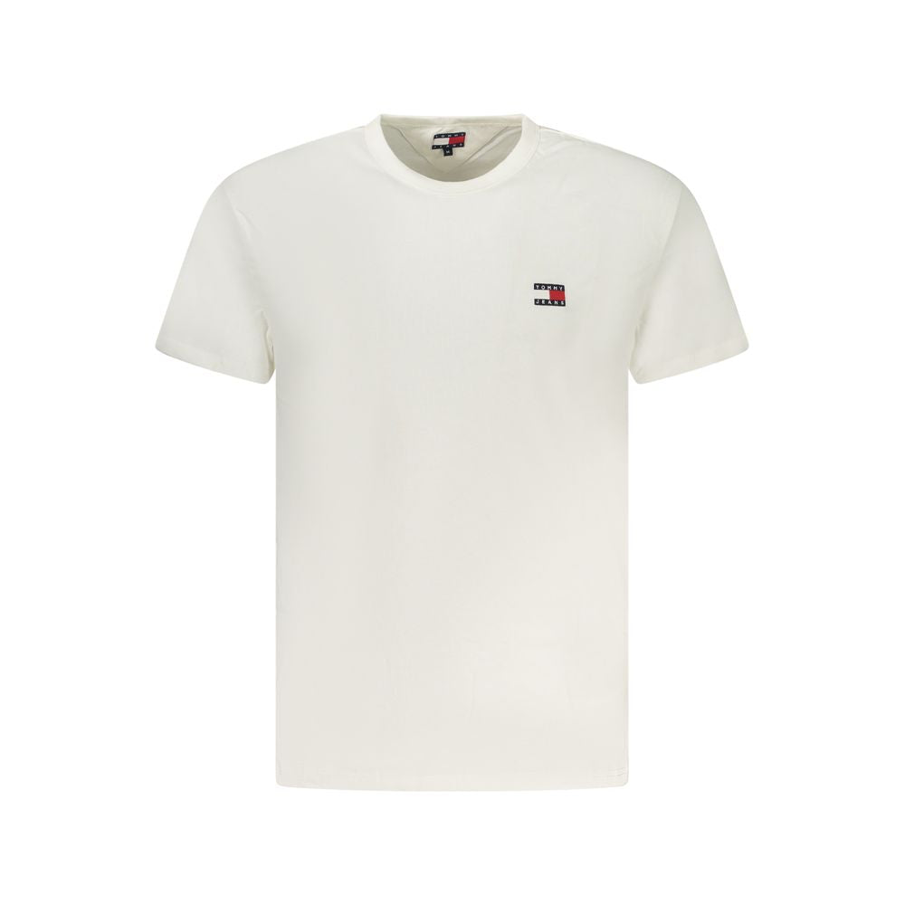 Tommy Hilfiger White Cotton Men T-Shirt with logo embroidery, short sleeve, crew neck, crafted from 95% regenerative cotton.